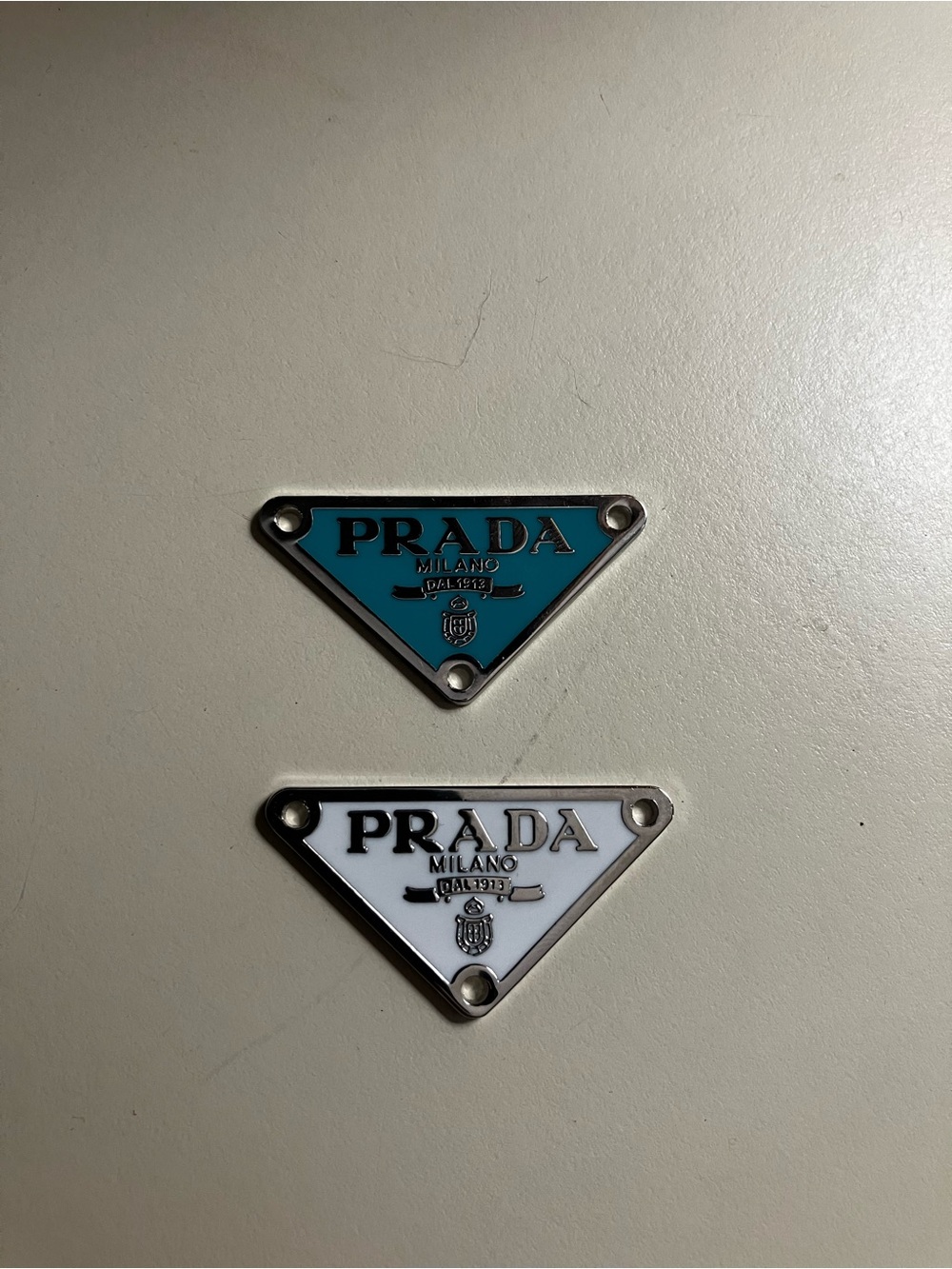 PRADA stamped Triangle Logo Charms/ Pendant/Zipper pull - Teal & White - Picture 2 of 4
